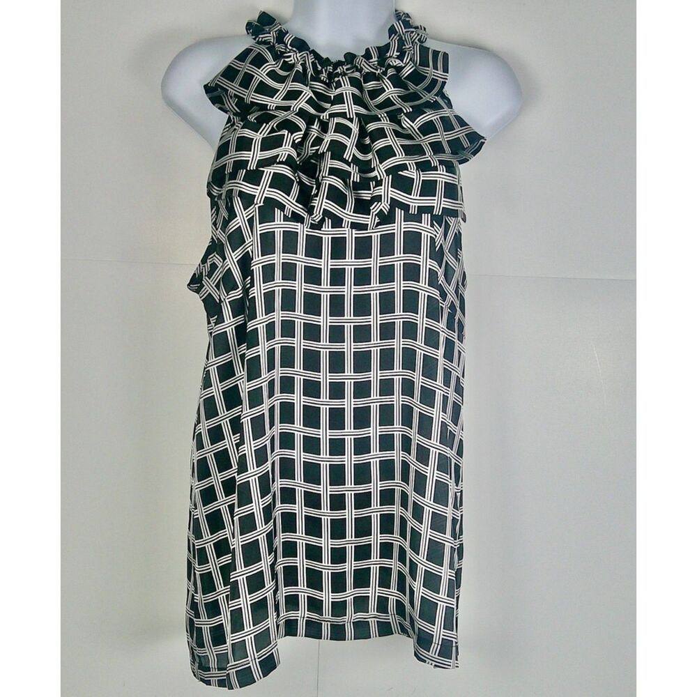 ESSENTIALS WOMEN BLACK & WHITE PATTERNED SLEEVELESS BLOUSE. SIZE L